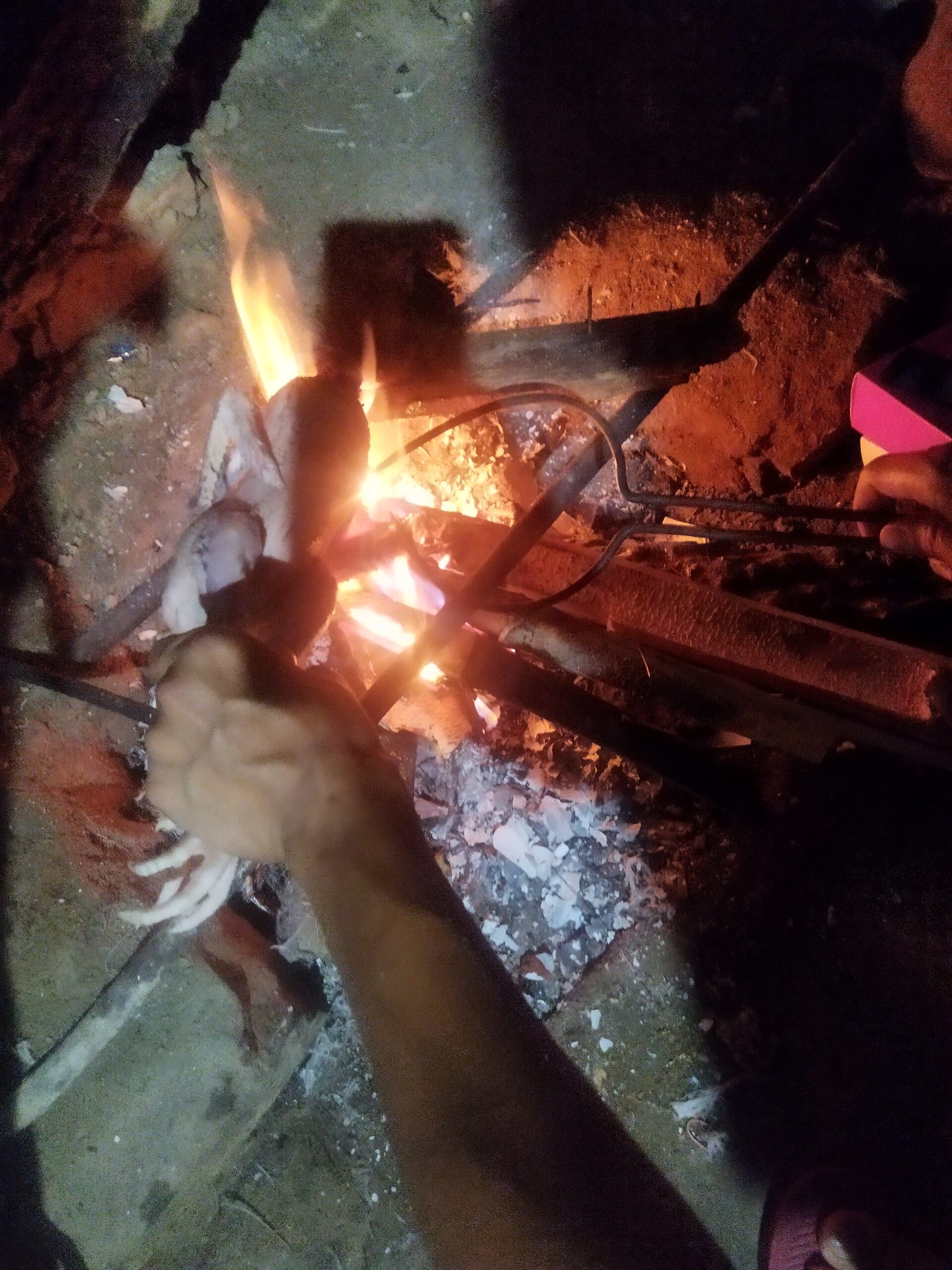 野生動物の毛を火であぶって剥がしています